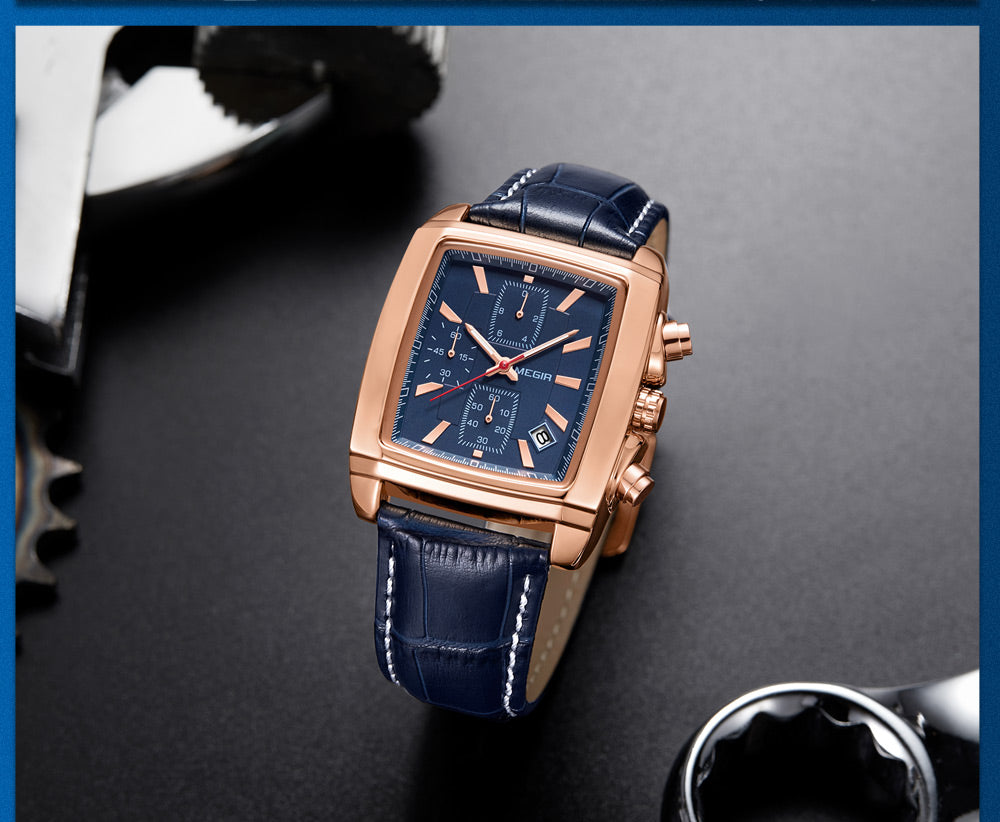 MEGIR Fashion Casual Men Chronograph Quartz Watch Top Brand Military Sport Wristwatch Man Rectangle  Leather Watches Male 2028