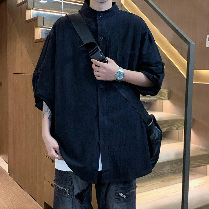 LEGIBLE Summer Shirts Men Loose Thin Cotton Short Sleeve Shirts Male Fashion Stand Solid Color 4XL 5XL