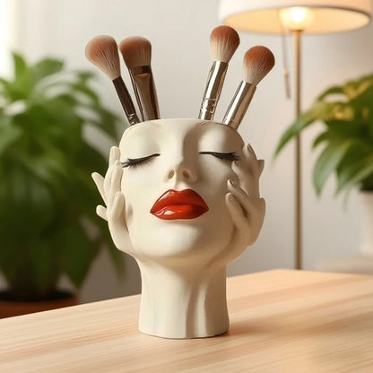 Cosmetic Brush Holder Makeup Organizer For Brushes Women's Head Design Boho Aesthetic Decorative Resin Decoration For Bathroom