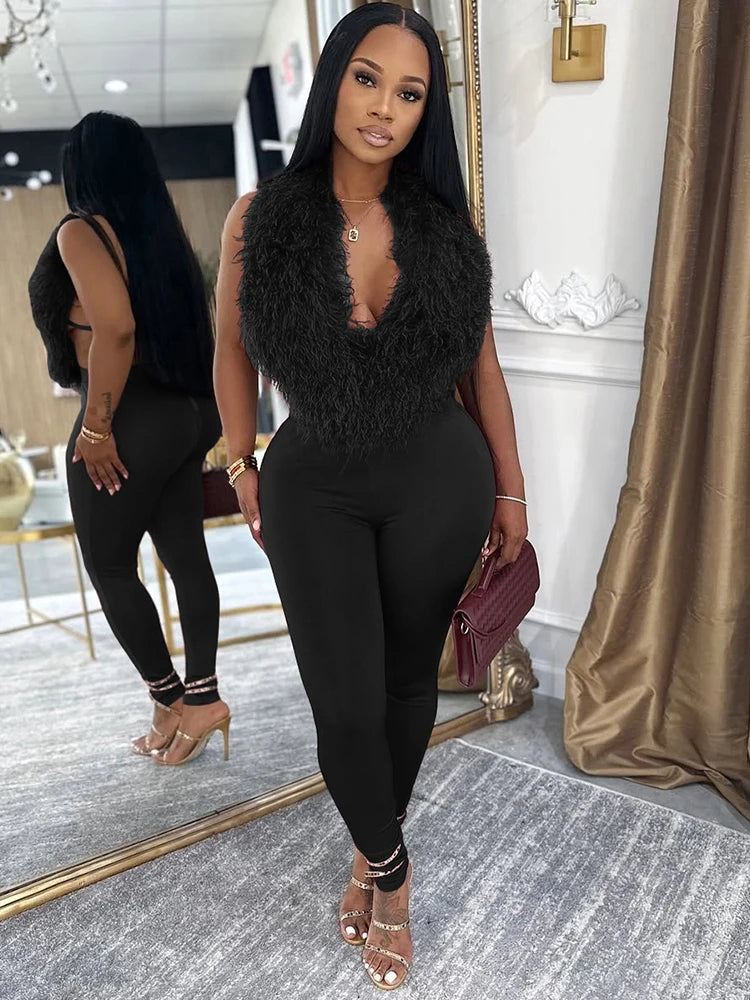 Nibber Hipster 2-Piece Set Women Plush Tassel Lace-Up Halter v-Neck Backless Vest+High Elasticity Trouser Sexy Midnight Suits