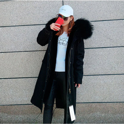 Maomaokong Winter Woman Natural Fur Overcoat Plus Size Black Parkas Raccoon Real Fur Lining Extra Larg Warm Jacket Coats Long