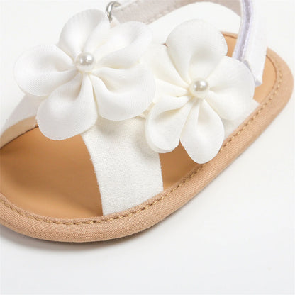 Sandálias de verão para bebês meninas de 0 a 18 meses, decorações de flores 3d fofas, sapatos de sola plana antiderrapantes, sapatos para primeiros passos recém-nascidos