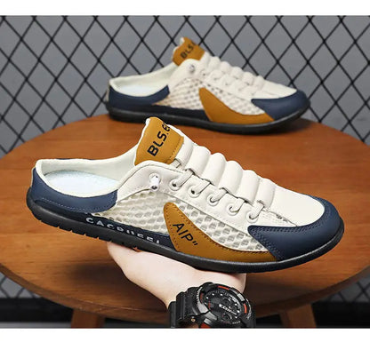 Verão masculino malha deslizamento em metade chinelos moda homem sandálias esportivas respirável qualidade casual ervilhas sapatos para homens mocassins de luxo