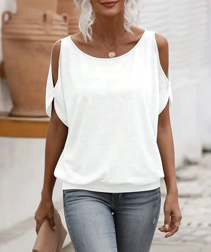 Women's Tee Top Cold Shoulder Short Sleeve Solid Soft Knit Loose Tops Casual