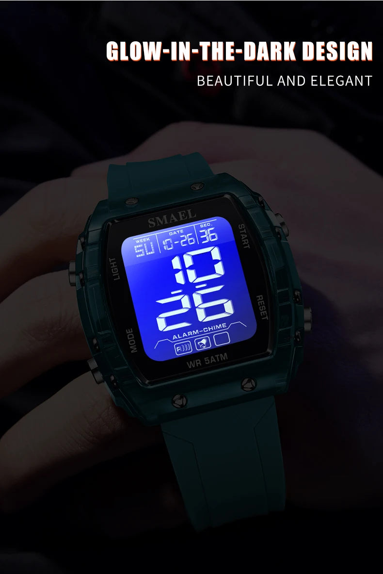 SMAEL Digital Watches Big Dial Rectangle Sport Watches LED Date 8108 Digital Watches 50m Waterproof Shockproof Men's Wristwatch