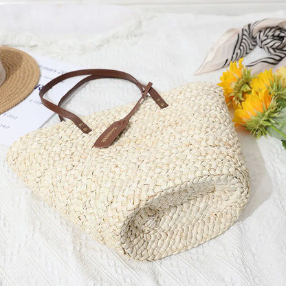 Soft Leather Straw Handbag Comfortable To For Travelling Practical Large Capacity Shoulder Bags As Shown