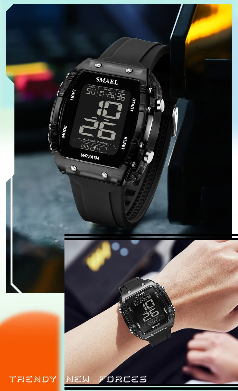 SMAEL Digital Watches Big Dial Rectangle Sport Watches LED Date 8108 Digital Watches 50m Waterproof Shockproof Men's Wristwatch