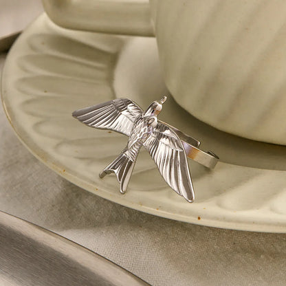 Stainless Steel 18k Gold Plated Vintage Stereoscopic Bird Shaped Open Rings for Women Waterproof Fashion Charm Jewelry Party