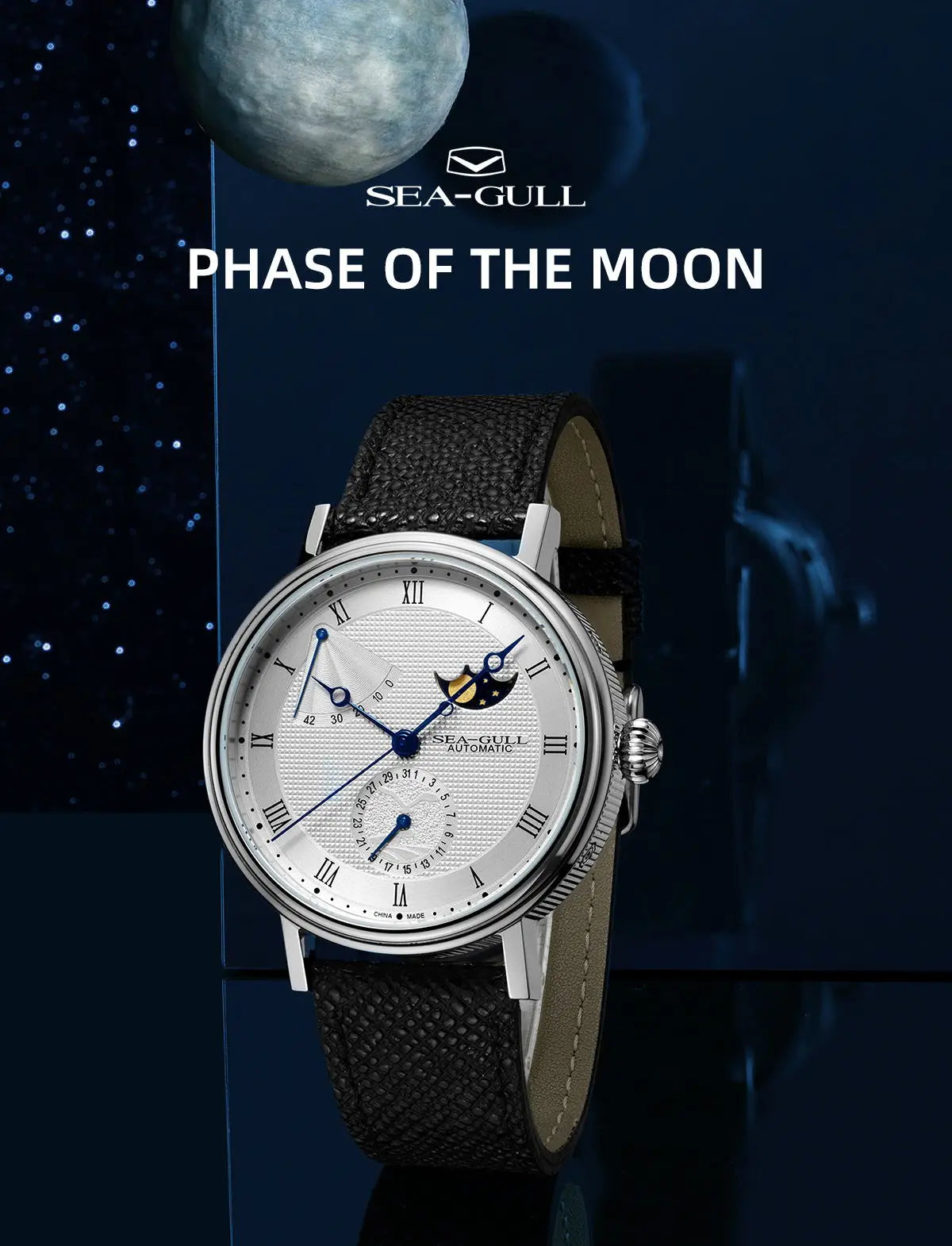 Seagull Men's Business Wristwatch Moon Phase Leather Luxury Automatic Mechannical Men's Watches 50M Waterproof relogio 6092