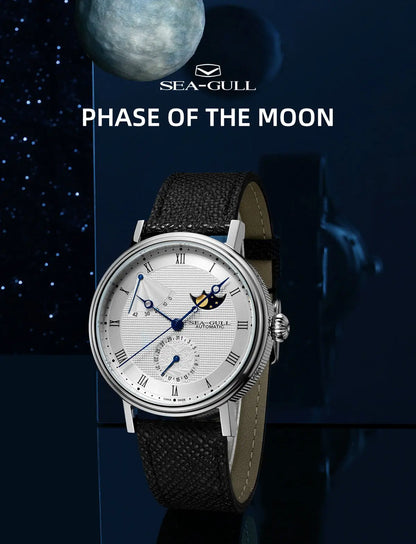 Seagull Men's Business Wristwatch Moon Phase Leather Luxury Automatic Mechannical Men's Watches 50M Waterproof relogio 6092