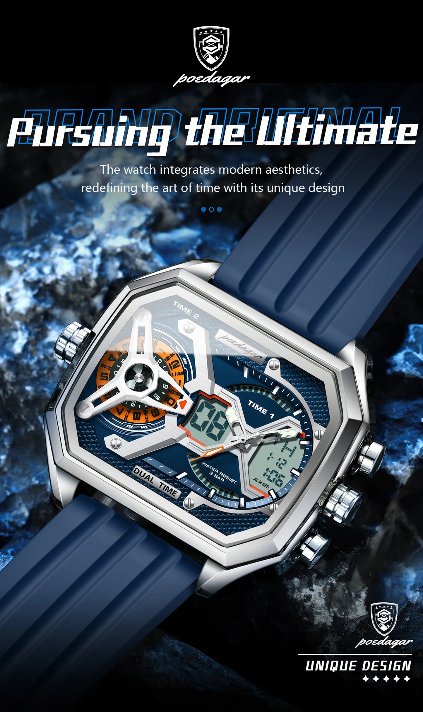 POEDAGAR Luxury Men Wristwatch Date Week Luminous LED Quartz Man Clock Silicone Strap Electronic Dual Time Fashion Men's Watches