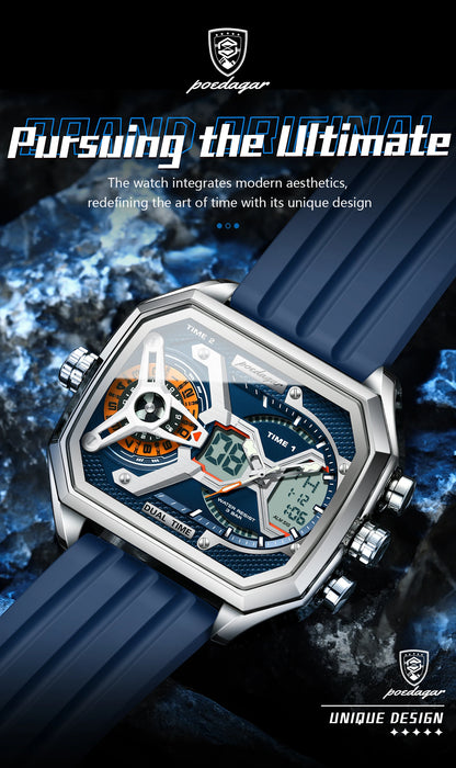 POEDAGAR Luxury Men Wristwatch Date Week Luminous LED Quartz Man Clock Silicone Strap Electronic Dual Time Fashion Men's Watches