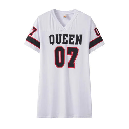 2025 New Fashion V-Neck Queen Letters Print Dress Short Sleeve