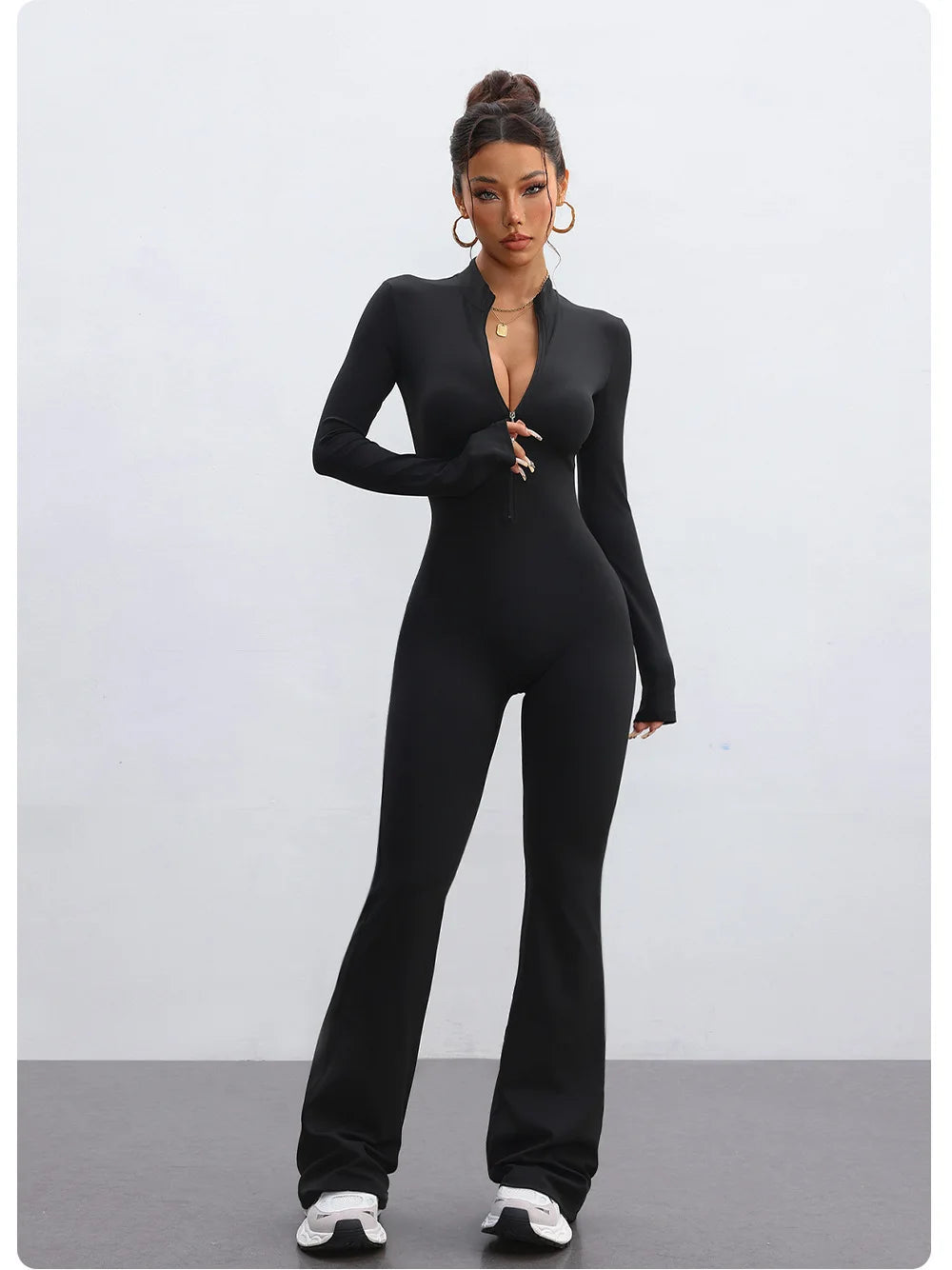 Nylon Yarn Zipper Long-sleeved Flare Pants Yoga One-piece Clothes Tight Fitness Sportswear Women's Jumpsuits