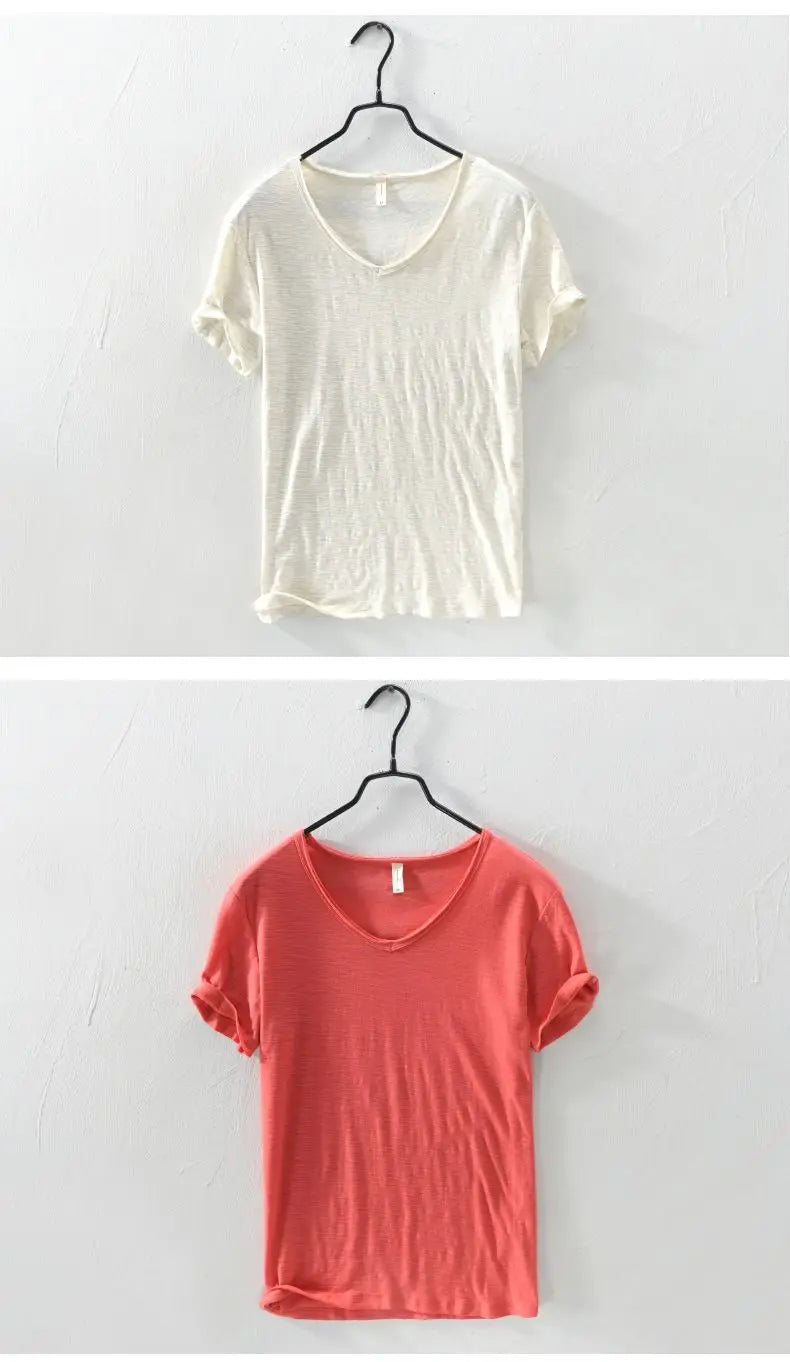 2026 Summer New 100% Cotton White T-shirt Male V-neck