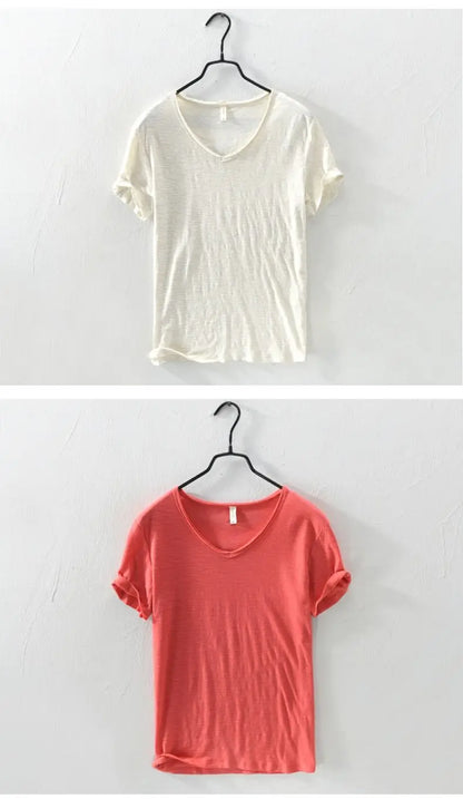 2026 Summer New 100% Cotton White T-shirt Male V-neck