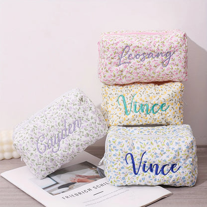 Custom Name Floral Makeup Pouch Embroidered Featuring a Floral Design Wash Bag, Travel Cosmetic Bag Suitable for Bridesmaid Gift