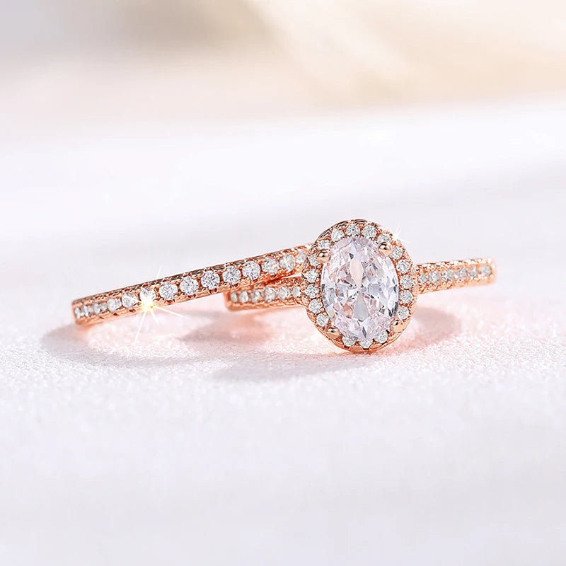 Huitan Gold Color/Rose Gold Color 2Pcs Set Wedding Rings for Women Luxury Cubic Zirconia Engagement Party Female Trendy Jewelry