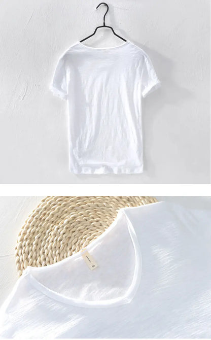 2026 Summer New 100% Cotton White T-shirt Male V-neck