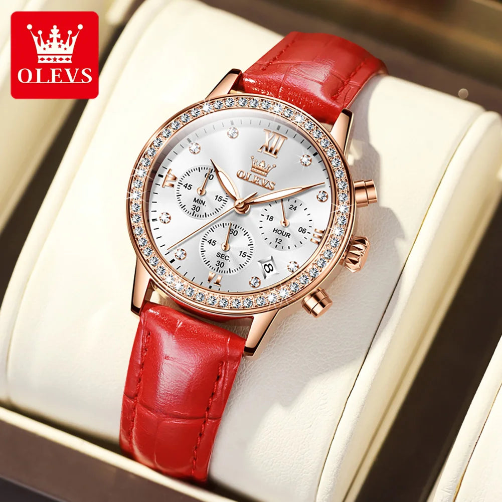 OLEVS 9933 Women' Watches Luxury Brand Diamond Quartz Wristwatch Waterproof Luminous   Leather Strap Multifunction Ladies Watch