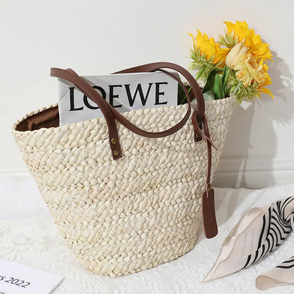 Soft Leather Straw Handbag Comfortable To For Travelling Practical Large Capacity Shoulder Bags As Shown