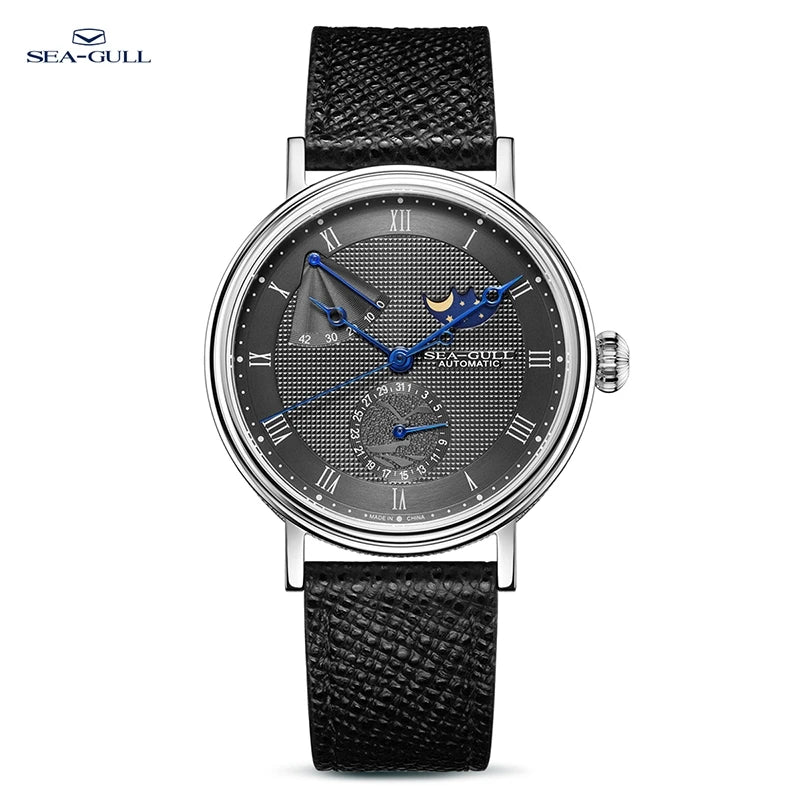 Seagull Men's Business Wristwatch Moon Phase Leather Luxury Automatic Mechannical Men's Watches 50M Waterproof relogio 6092