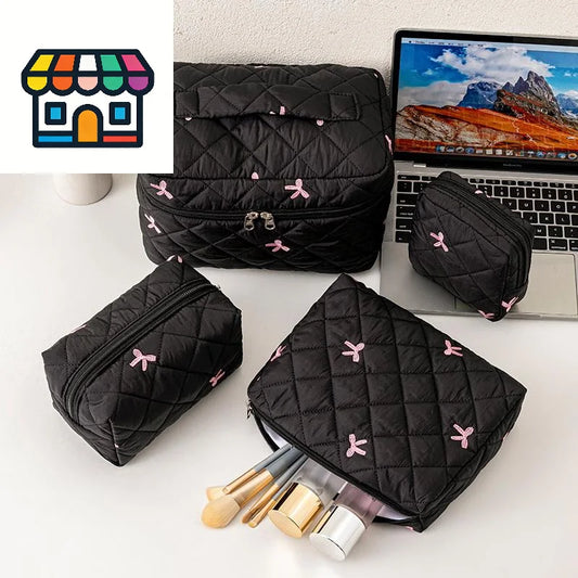 Black Women Portable Makeup Bag Large Capacity Bow Quilting Cosmetic Pouch Handbag Ladies Travel Toiletry Storage Bag