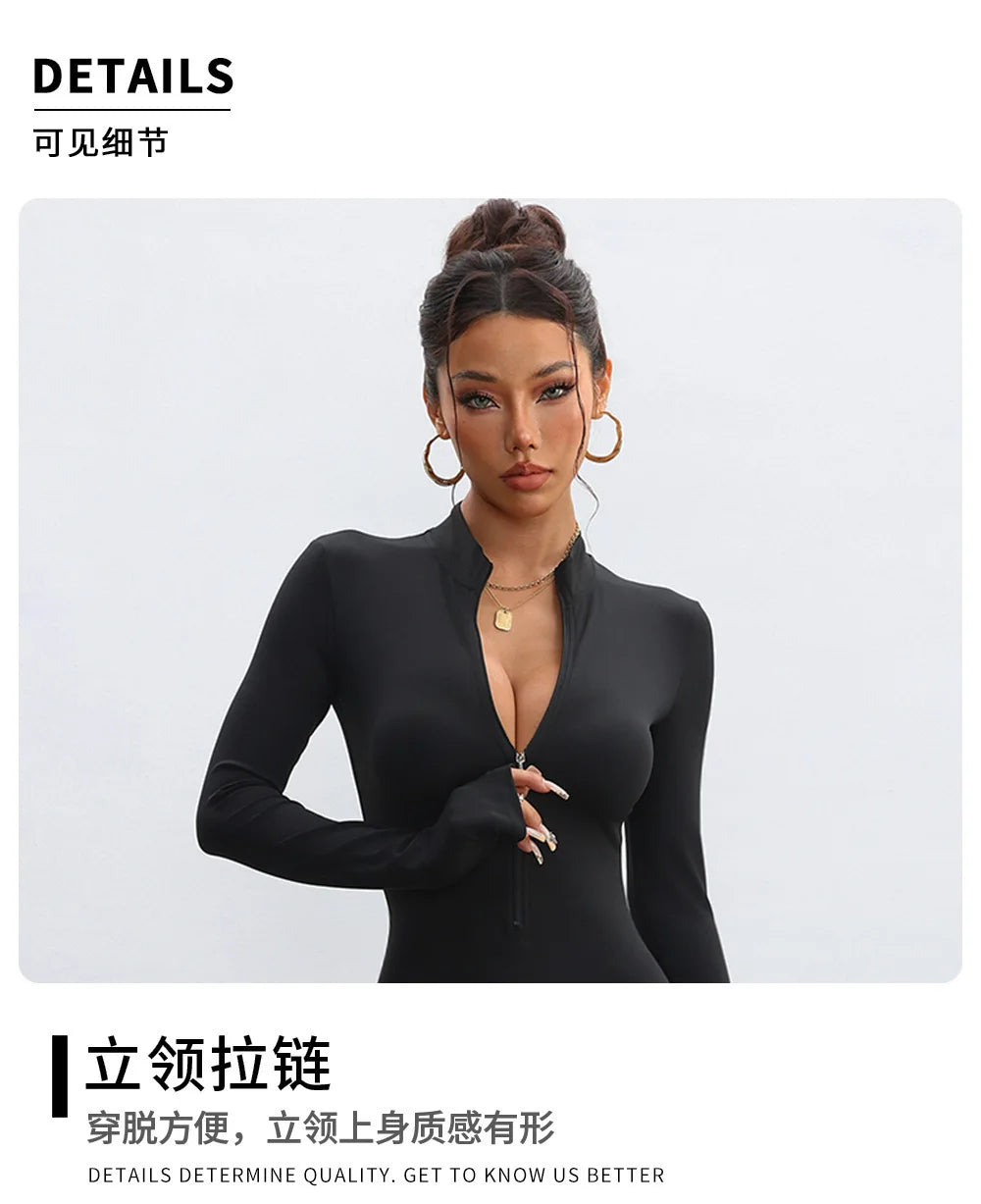 Nylon Yarn Zipper Long-sleeved Flare Pants Yoga One-piece Clothes Tight Fitness Sportswear Women's Jumpsuits
