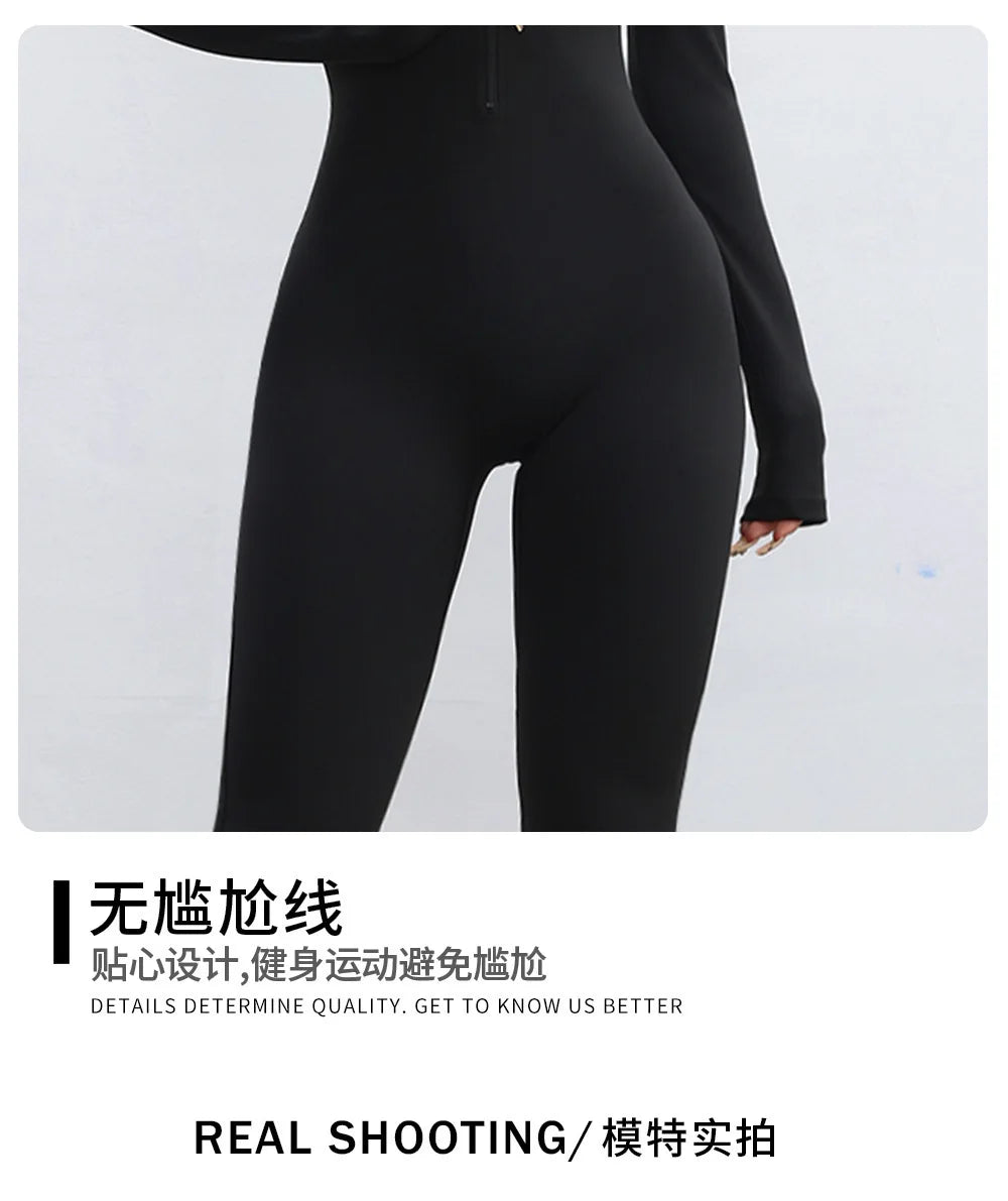 Nylon Yarn Zipper Long-sleeved Flare Pants Yoga One-piece Clothes Tight Fitness Sportswear Women's Jumpsuits