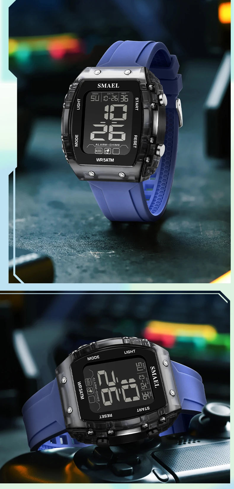 SMAEL Digital Watches Big Dial Rectangle Sport Watches LED Date 8108 Digital Watches 50m Waterproof Shockproof Men's Wristwatch