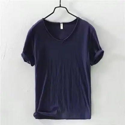 2026 Summer New 100% Cotton White T-shirt Male V-neck