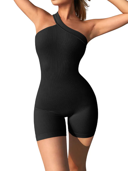 Women's Ribbed Yoga Romper – Spaghetti Strap One-Piece Fitness Jumpsuit
