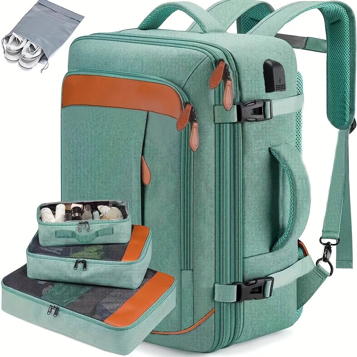 Mochila de viaje con puerto de carga USB, múltiples bolsas organizadoras y compartimento para zapatos, mochila de equipaje de gr
