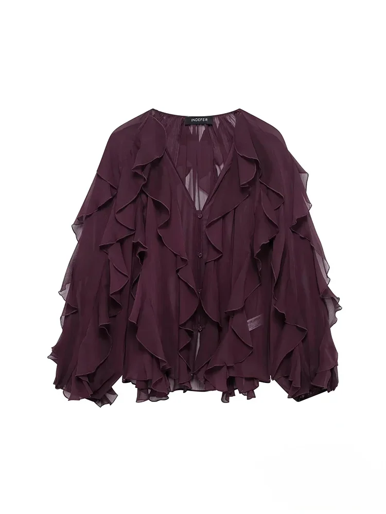 KONDALA Burgundy Mesh Ruffles Shirts For Women Elegant Long Sleeve See Through Loose Tops 2025 New Female High Street Partywear