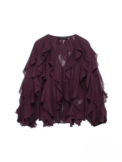 KONDALA Burgundy Mesh Ruffles Shirts For Women Elegant Long Sleeve See Through Loose Tops 2025 New Female High Street Partywear