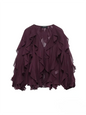 KONDALA Burgundy Mesh Ruffles Shirts For Women Elegant Long Sleeve See Through Loose Tops 2025 New Female High Street Partywear