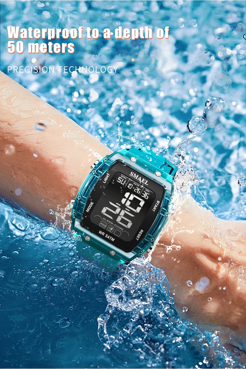 SMAEL Digital Watches Big Dial Rectangle Sport Watches LED Date 8108 Digital Watches 50m Waterproof Shockproof Men's Wristwatch