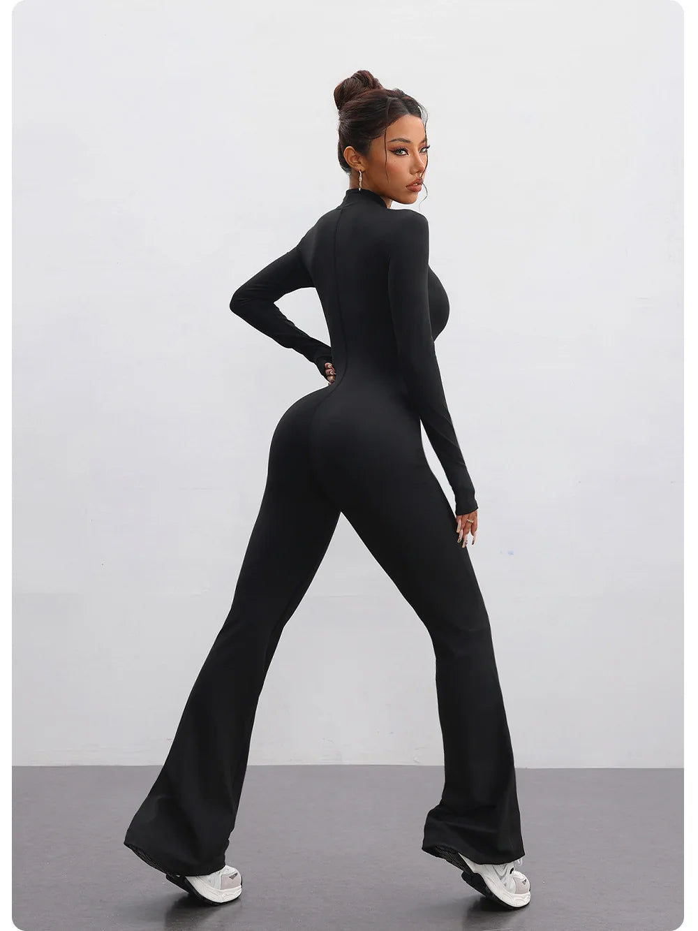 Nylon Yarn Zipper Long-sleeved Flare Pants Yoga One-piece Clothes Tight Fitness Sportswear Women's Jumpsuits