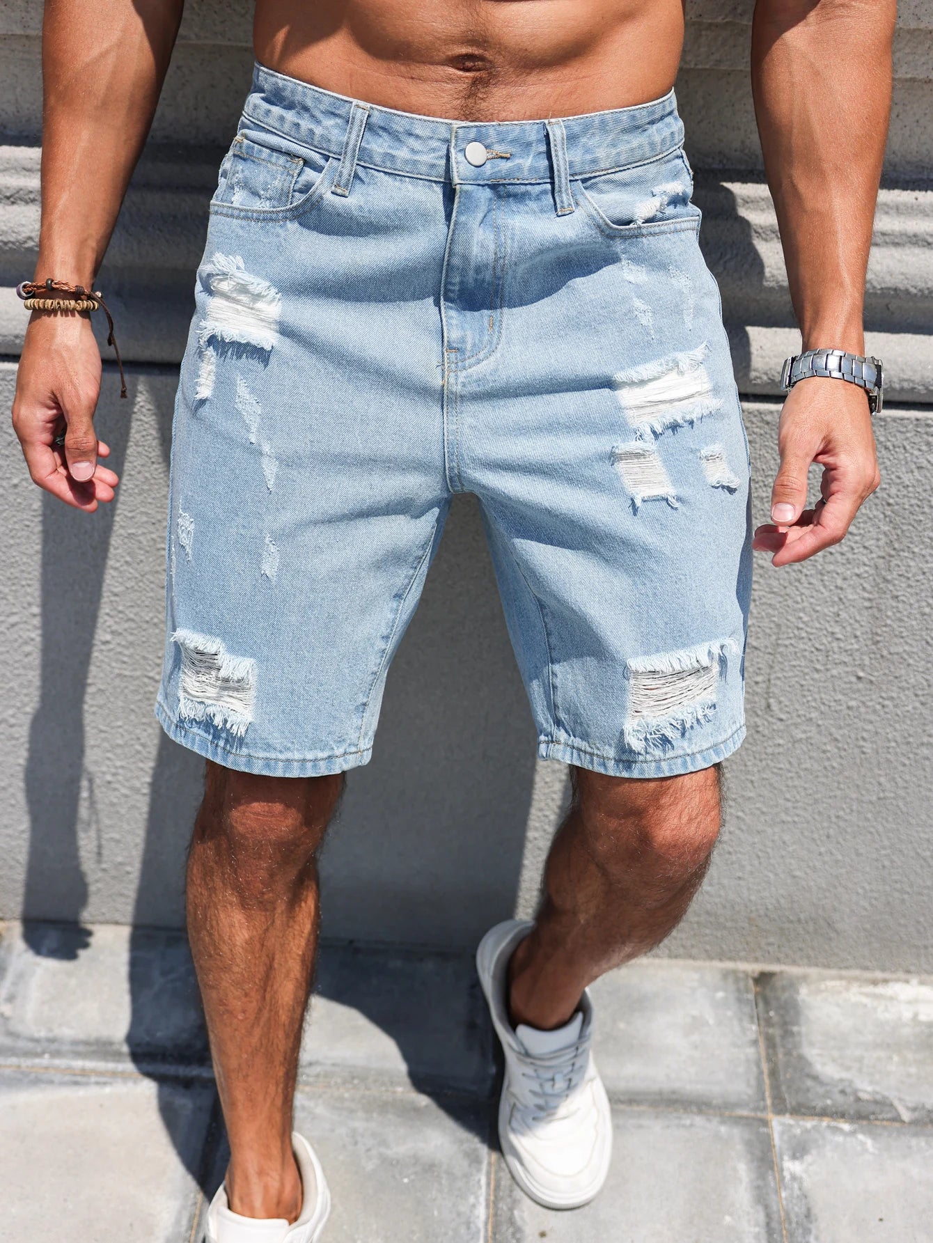 Hole-washed Water Buffalo Denim Short Pants - Men's