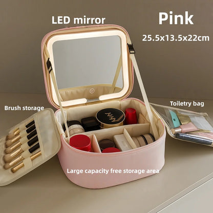 Makeup Bag With LED Mirror Large Capacity Travel Portable With Toilet Storage Bag and Mirror Women's Makeup Bag Organizer
