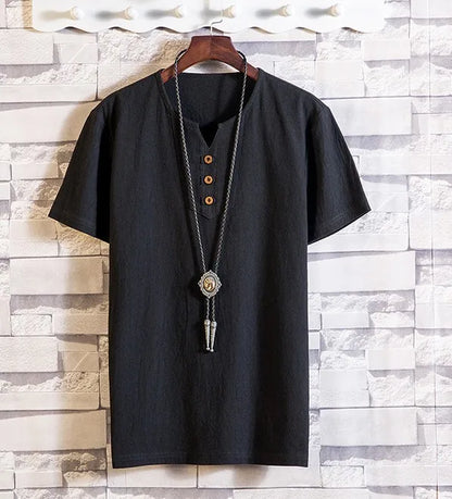 Men's Button Loose Shirts Casual Male V Neck Short Sleeve Harajuku Linen T-shirt Tops ZJFS-1901