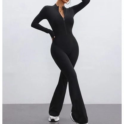 Nylon Yarn Zipper Long-sleeved Flare Pants Yoga One-piece Clothes Tight Fitness Sportswear Women's Jumpsuits