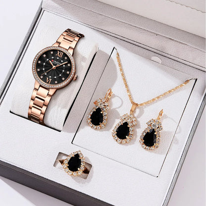 CURREN Luxury Watch Women Ring Necklace Earrings Rhinestone Fashion Wristwatch Female Casual Ladies Watches Bracelet 5PCS Set
