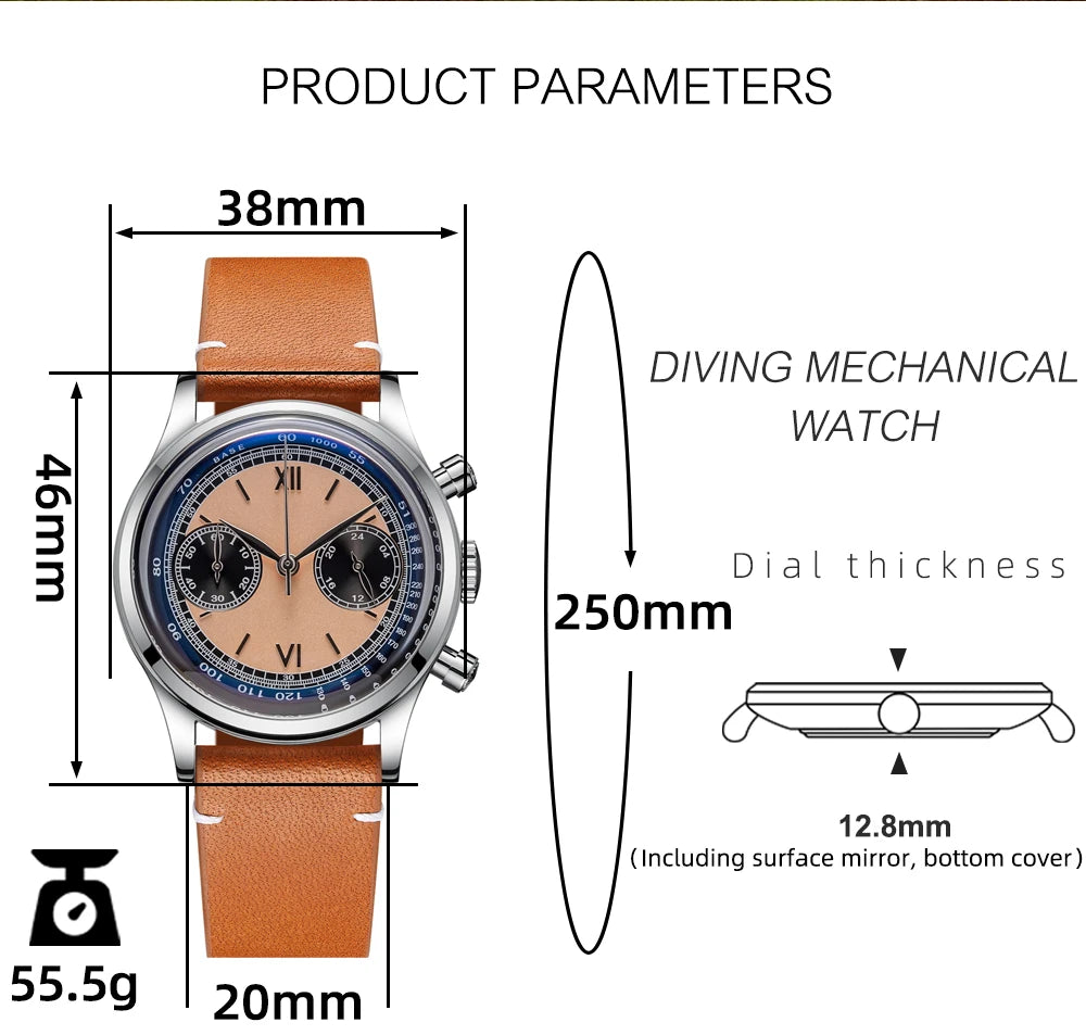 ADDIESDIVE 38mm Chronograph Quartz Watch 60min Business 100m Diving Men's Leather Watches Bubble Dome Mirror Retro Wristwatches