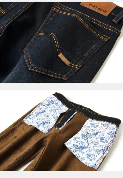 Men's Reflective Fleece-Lined Jeans - Thick Warm Lining, Durable Denim & Reflective Trim, Safe for Winter Night Commute & Casual