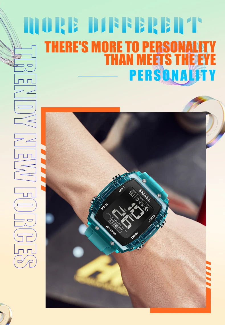 SMAEL Digital Watches Big Dial Rectangle Sport Watches LED Date 8108 Digital Watches 50m Waterproof Shockproof Men's Wristwatch