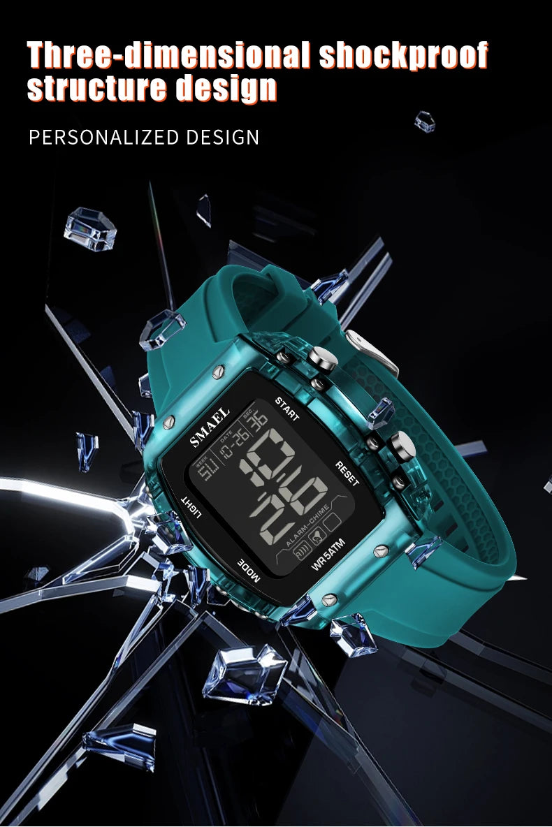 SMAEL Digital Watches Big Dial Rectangle Sport Watches LED Date 8108 Digital Watches 50m Waterproof Shockproof Men's Wristwatch