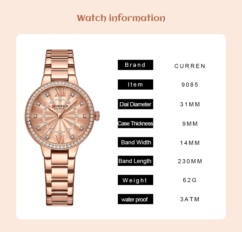 CURREN Luxury Watch Women Ring Necklace Earrings Rhinestone Fashion Wristwatch Female Casual Ladies Watches Bracelet 5PCS Set