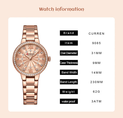 CURREN Luxury Watch Women Ring Necklace Earrings Rhinestone Fashion Wristwatch Female Casual Ladies Watches Bracelet 5PCS Set