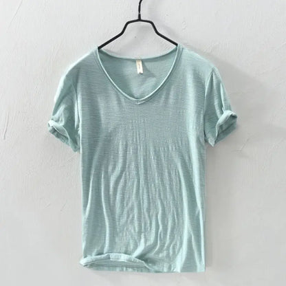2026 Summer New 100% Cotton White T-shirt Male V-neck